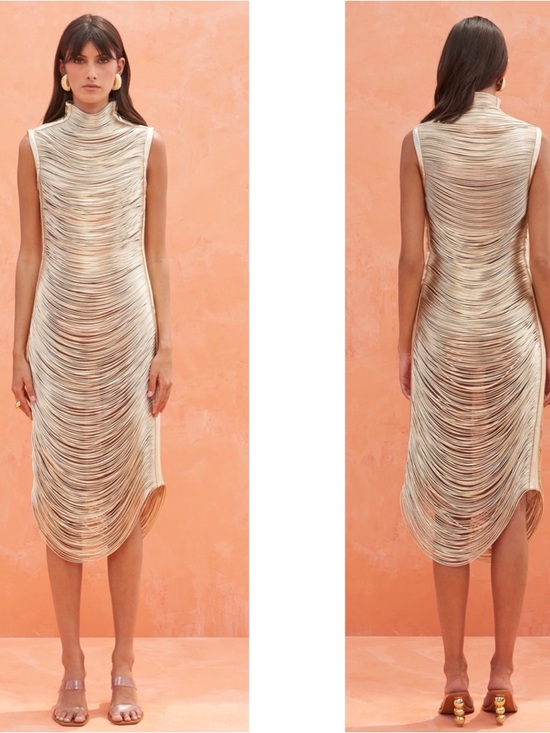 CULT GAIA Heidi Metallic Leather Draped Fringe Gold Midi Dress Size Medium - Picture 2 of 10